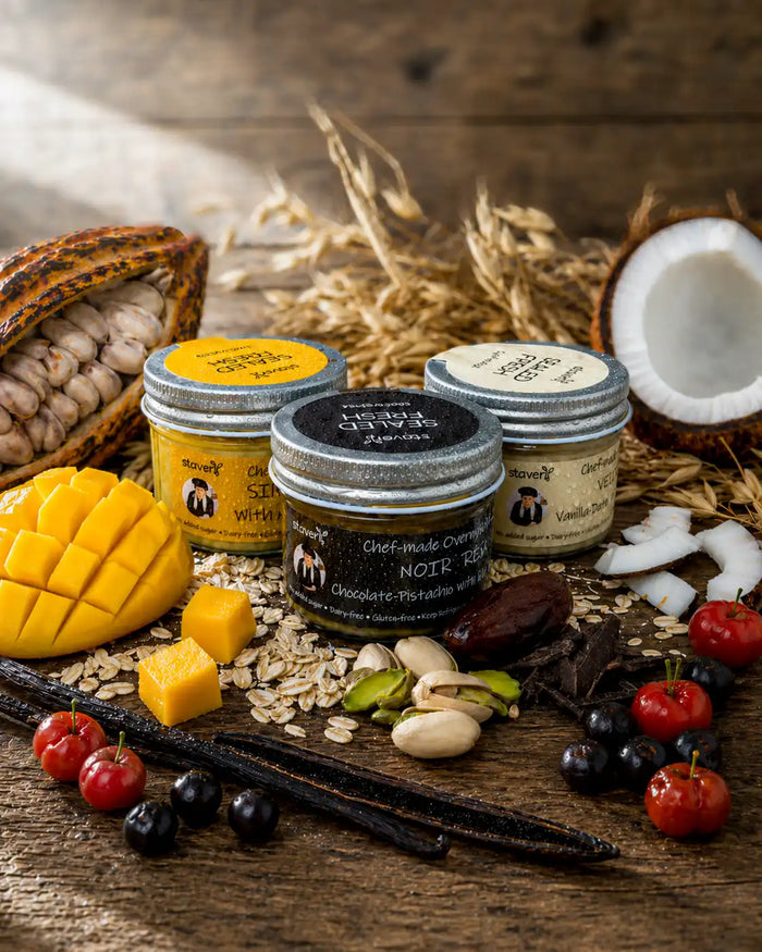 StaverY Daily Ritual weekly subscription — twelve chef-crafted overnight oats jars across SILK, VELVET and NOIR
