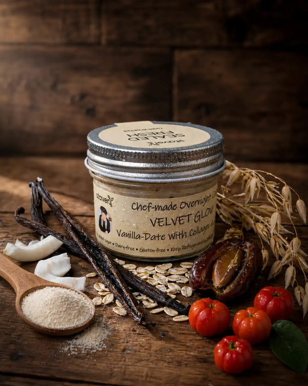 VELVET vanilla date overnight oats jar with collagen, vanilla beans, acerola cherries and coconut, StaverY Afternoon Glow