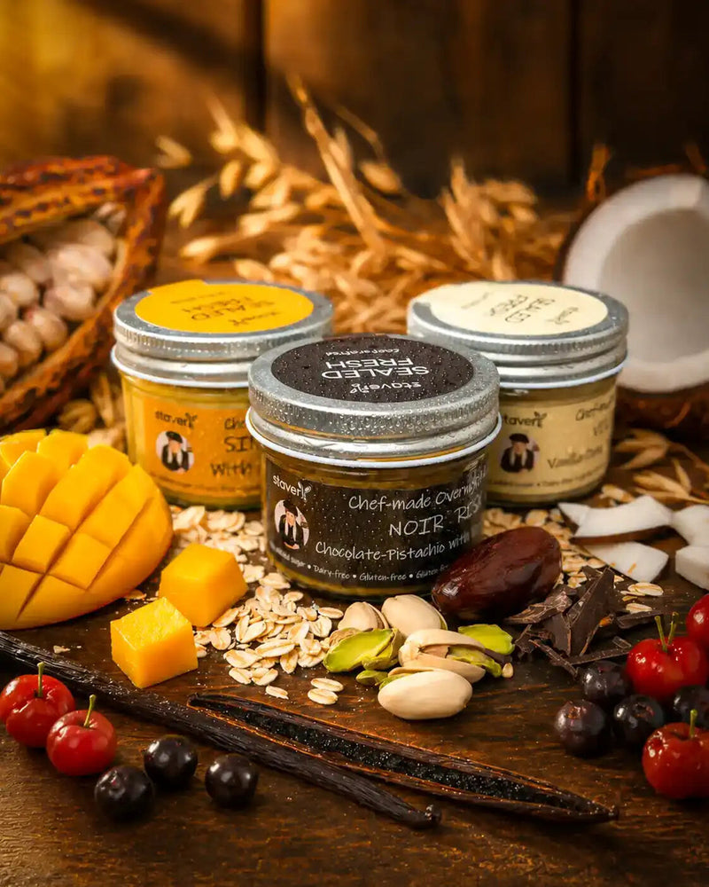 StaverY Discovery Kit: three overnight oats jars SILK VELVET NOIR with mango, pistachios, chocolate, vanilla, try all three