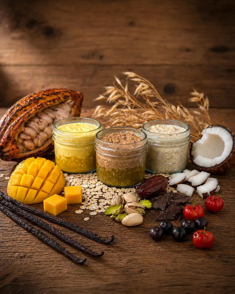 Daily Ritual overnight oats jars for morning, afternoon and evening on a sprouted-oat base
