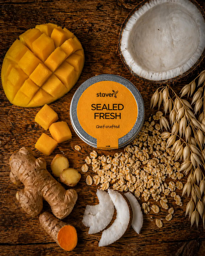 SILK overnight oats jar, sealed lid, with fresh mango, ginger, turmeric and sprouted oats flat-lay, StaverY Morning Energy