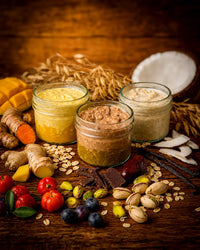 Morning Box overnight oats jars on a sprouted-oat base with mango, ginger and real-food ingredients