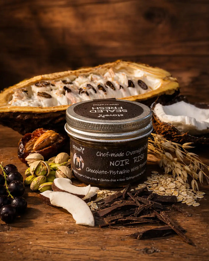 NOIR chocolate pistachio overnight oats jar with fresh cacao pod, pistachios, acai and dark chocolate, Evening Recovery