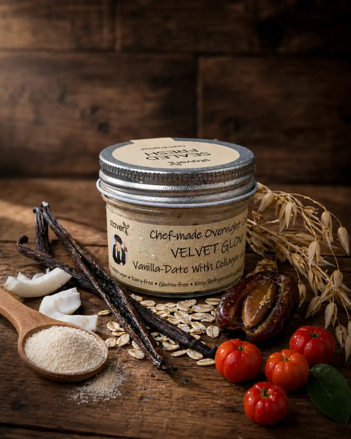 VELVET vanilla date overnight oats jar with collagen, vanilla beans, acerola cherries and coconut, StaverY Afternoon Glow