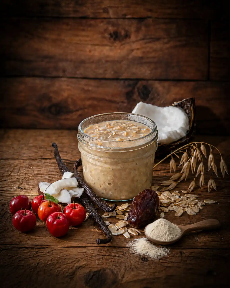 Open jar of VELVET vanilla date overnight oats with collagen, creamy texture, vanilla and acerola cherries, Afternoon Glow